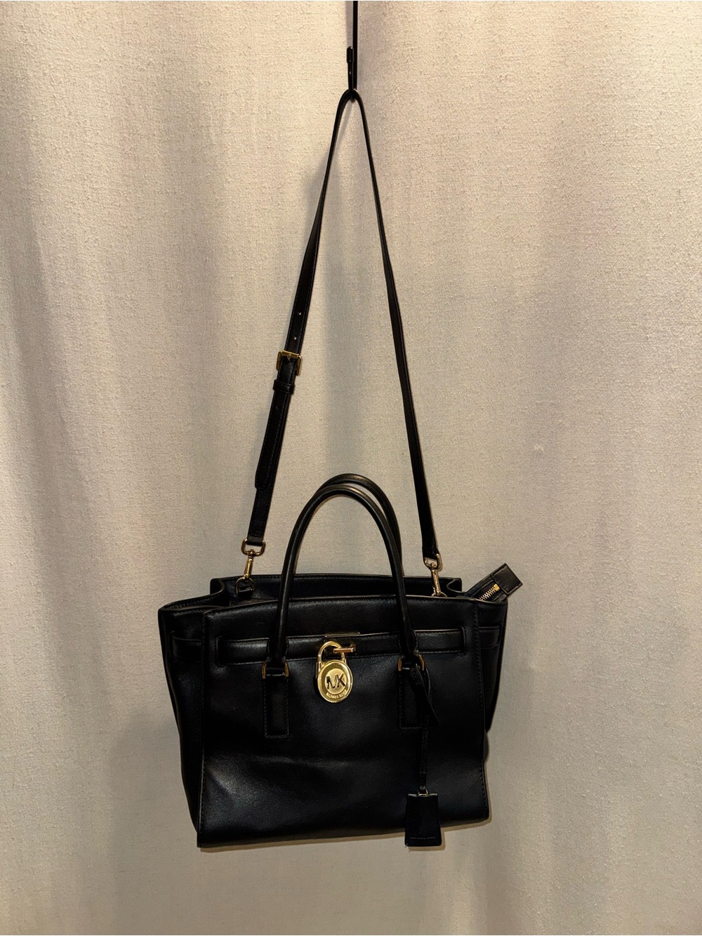 Michael Kors Hamilton Traveler Black Leather Satchel Gold